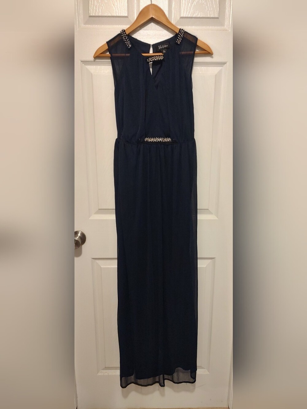SL Fashions Navy Maxi Dress with Beaded Accents